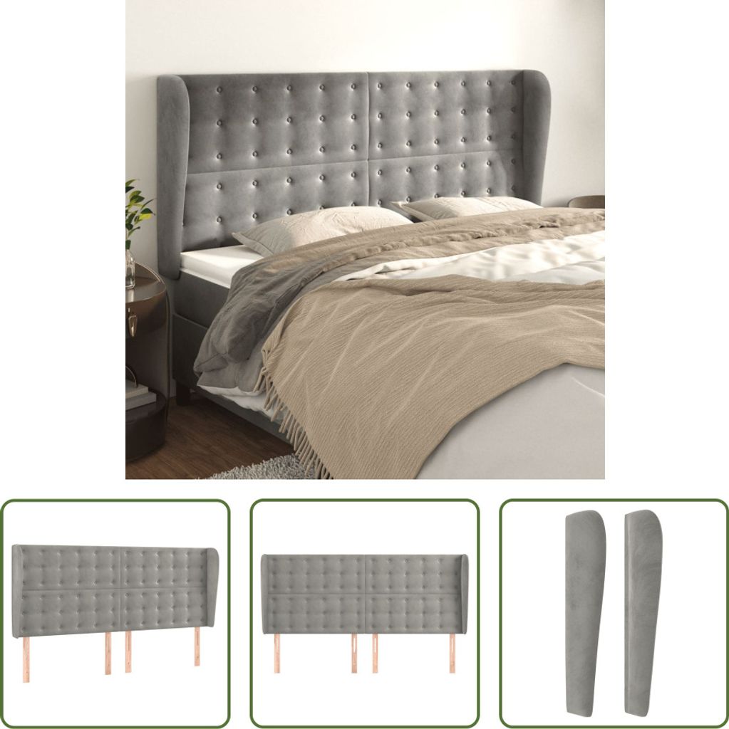 The Living Store Kopfteil mit Ohren Hellgrau 203x23x118/128 cm Samt
