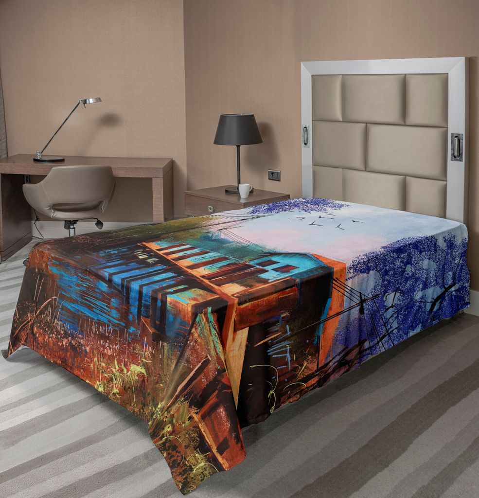 ABAKUHAUS Haus am See Bettlaken, Weinlese-Hand gezeichnetes Handwerker-Bild des Fischerdorfes mit alter Brücke und Möven, weiches bequemes oberes...