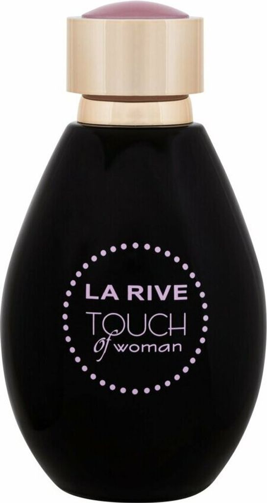 A black perfume bottle with a gold cap and pink accent.