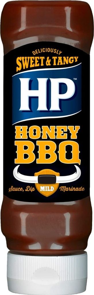 A bottle of HP Honey BBQ sauce against a white background.