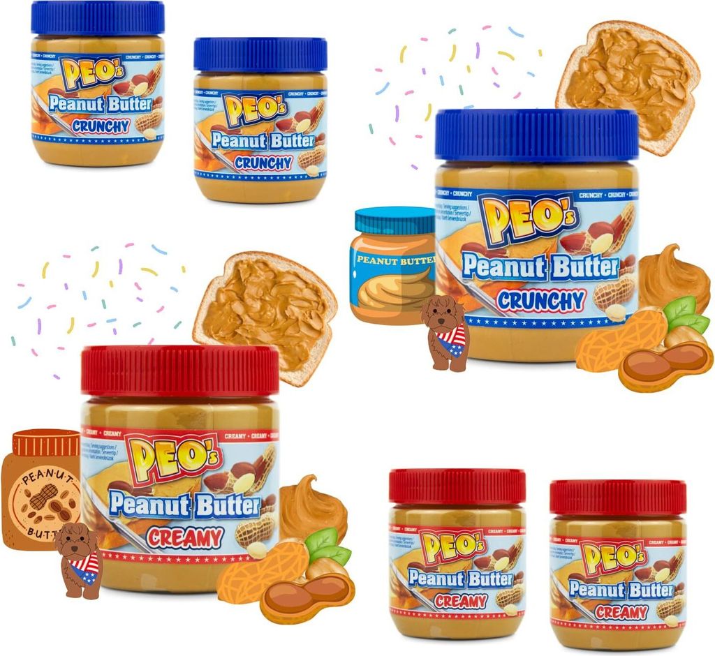 PEO's 2 x 340g Erdnussbutter Crunchy & Cremig je 1 Stück - Natürliche Peanut Butter Vorteilspack - Fein geröstet Extra Smooth