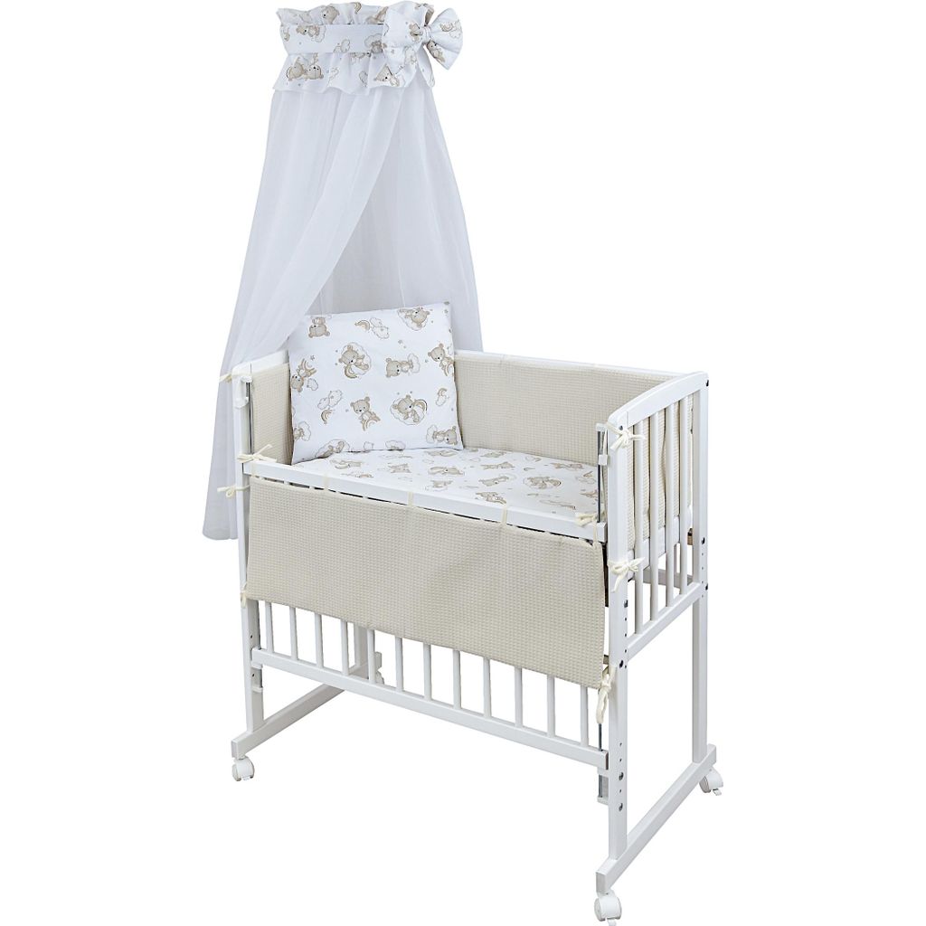 Baby-Delux Beistellbett Stillbett Babybett 90x40 weiß inkl. Matratze Bettwäsche Set komplett Waffelpique Bärchen Beige