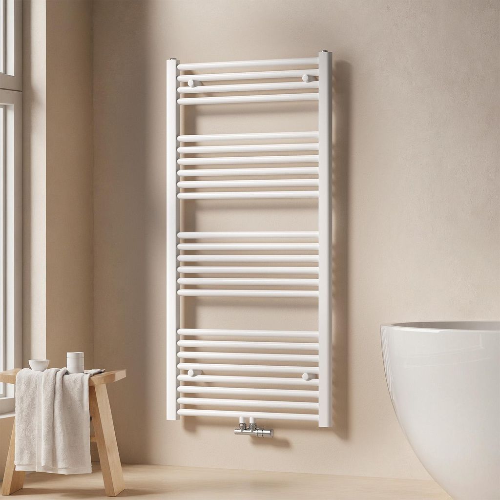EMKE Badheizkörper Handtuchtrockner Heizkörper 60x120cm 598 Watt Leistung Weiß Bad-Heizkörper Mittelanschluss Heizung ohne Heizstab
