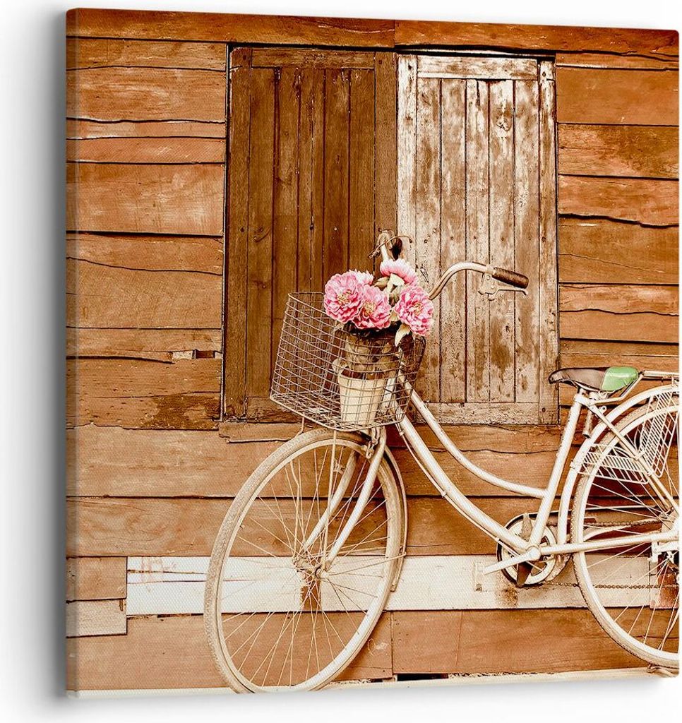 Bild auf Leinwand - Leinwandbild - Fahrrad Blume Korb alt - 40x40cm - Wand Bild - Wanddeko - Leinwanddruck - Bilder - Kunstdruck - Wanddekoration -...