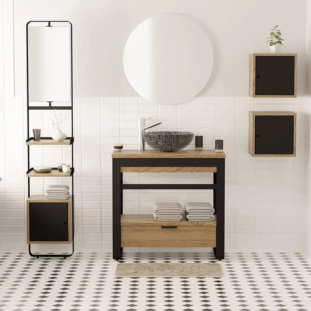 Meuble salle de bain 90 cm bois et métal noir IRON - Chêne Naturel