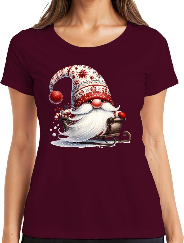 Niedlicher Weihnachtswichtel im Schlitten mit Geschenken und Schnee Damen T-Shirt, Burgundy, M