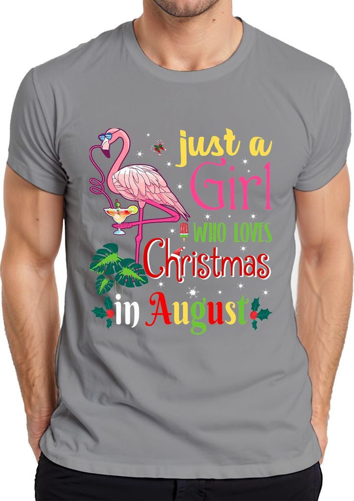 Just a Girl Who Loves Christmas in August Flamingo Tropical Beach Herren T-Shirt, Grau, S