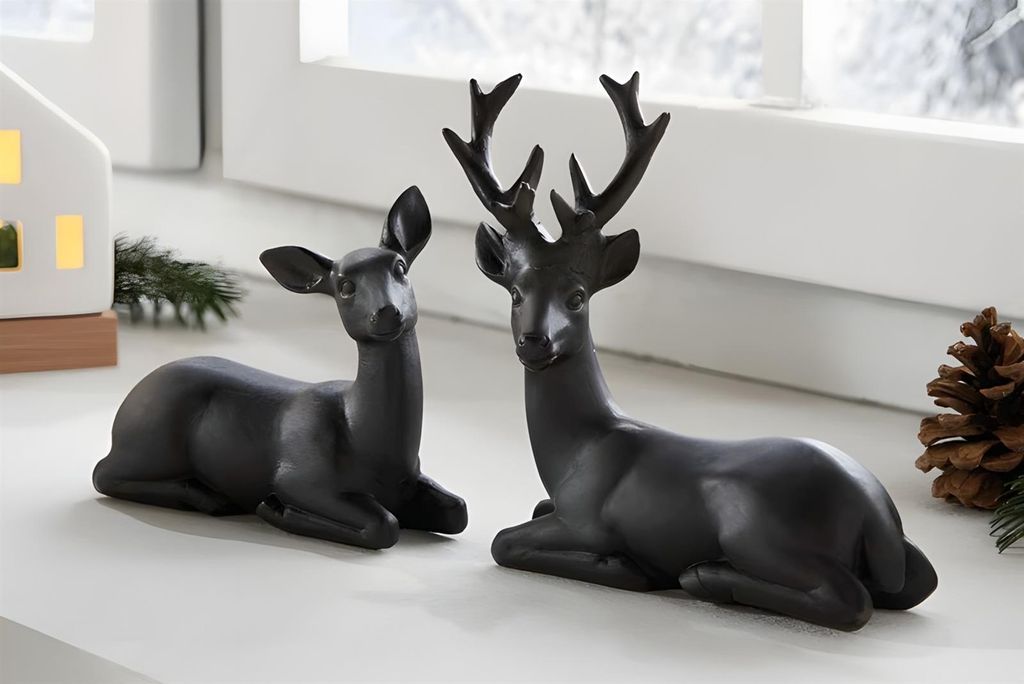 2x Dekofigur "Reh & Hirsch" aus Polyresin, matt schwarz, Tierfigur, Weihnachtsdeko, Tischdeko