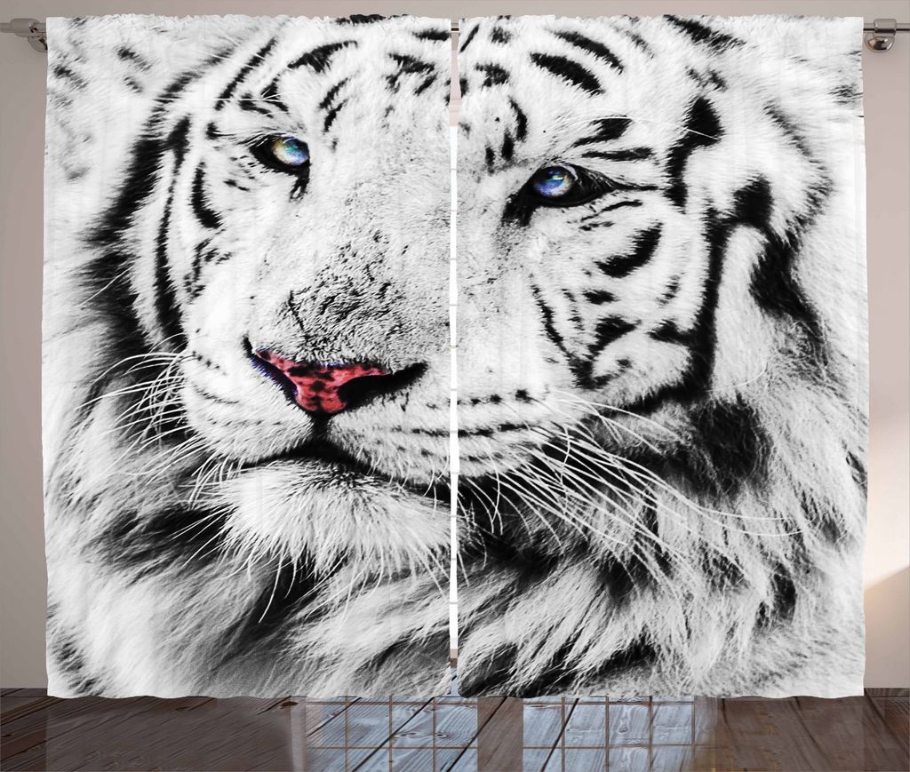 ABAKUHAUS Schwarz-Weiss Rustikaler Gardine, Winter White Tiger, Schlafzimmer Kräuselband Vorhang mit Schlaufen und Haken, 280 x 175 cm, Grau Schwa...