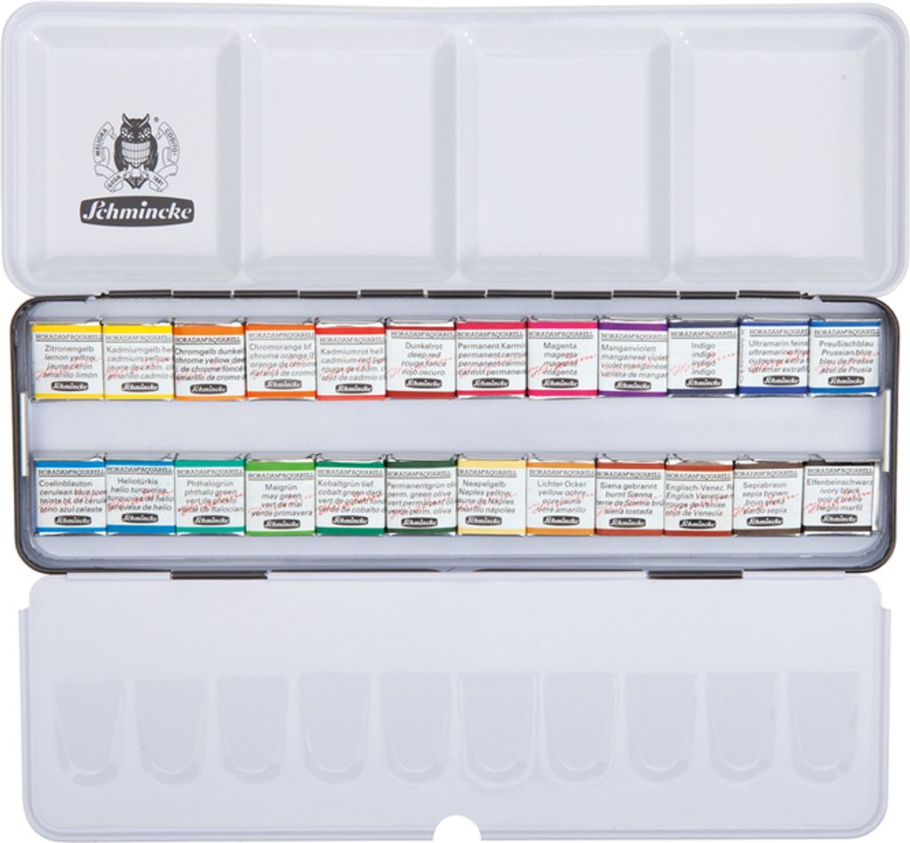 A metal case containing 24 half-pans of Schmincke Horadam watercolors is shown open, with the lid folded back.