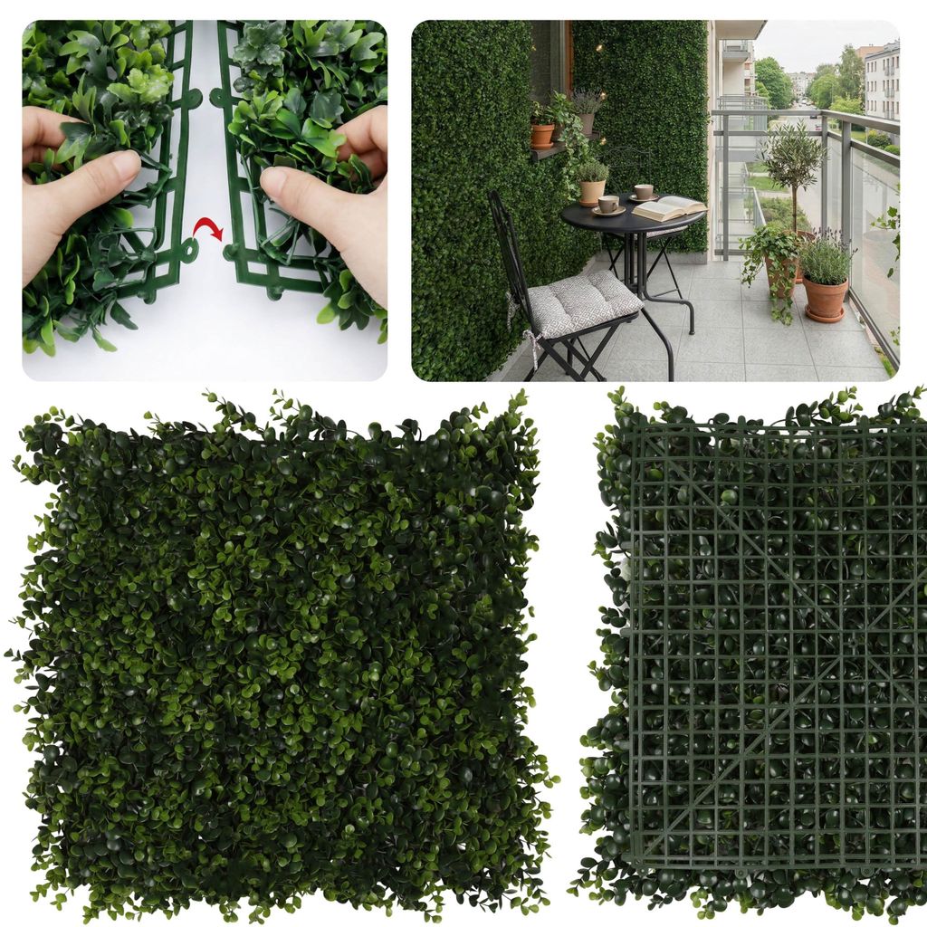 Buchsbaum-Kunstpflanzenwand, dichte grüne Wandverkleidung für Balkon und Garten, 50 × 50 cm 1 szt