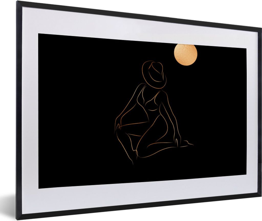 MuchoWow Gerahmtes Poster Frau - Hut - Mond - Strichzeichnung 60x40 cm - Poster mit Schwarzem Bilderrahmen Wandposter Rahmen Foto Bilder - Schlaf...