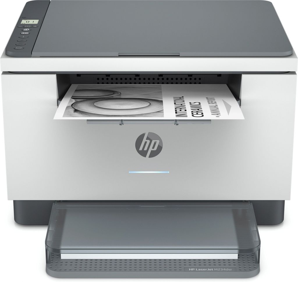 A white and gray HP LaserJet MFP M234dw printer is shown from the front, with a document partially printed and sticking out of the paper tray.