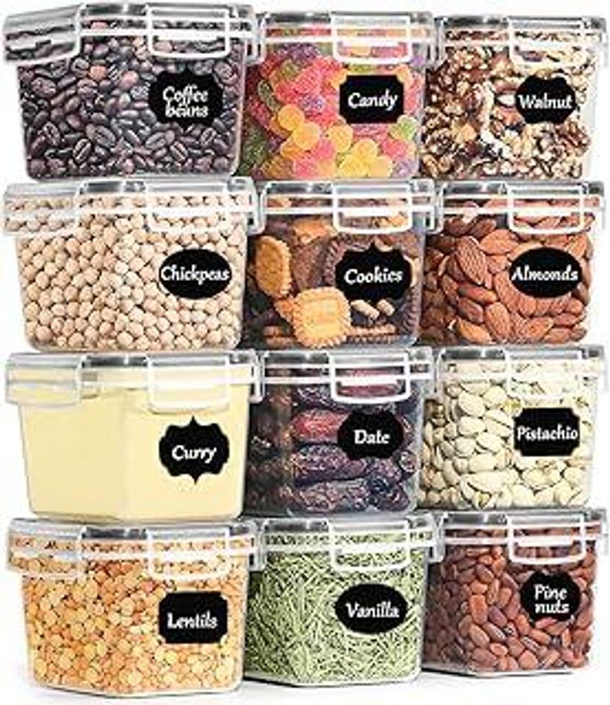 GoMaihe Vorratsdosen mit deckel luftdicht 12er-Set: Aufbewahrungsbox Küche Klein 800ml mit Etiketten | Lebensmittelbehälter für Müsli Zucker un...