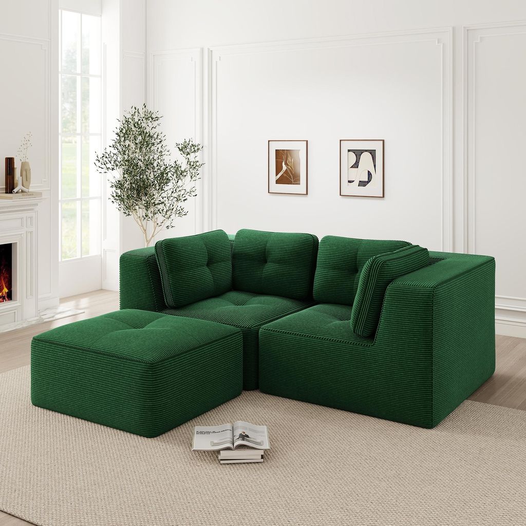 Modulares 2-Sitzer Ecksofa L-Form Cord Couch rahmenlose Wohnlandschaft tiefe Sitzfläche mit beweglicher Fußstütze Hocker für Wohnzimmer Schlafz...