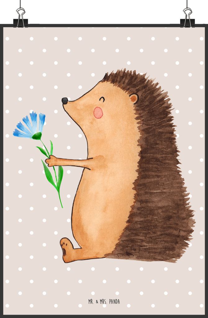 Mr. & Mrs. Panda Bild Igel Blumen DIN A2 - Beige Pastell - Geschenk, Genesungswünsche, Gute Besserung, wanddeko, Krankenhaus, Krankheit, krank, dr...