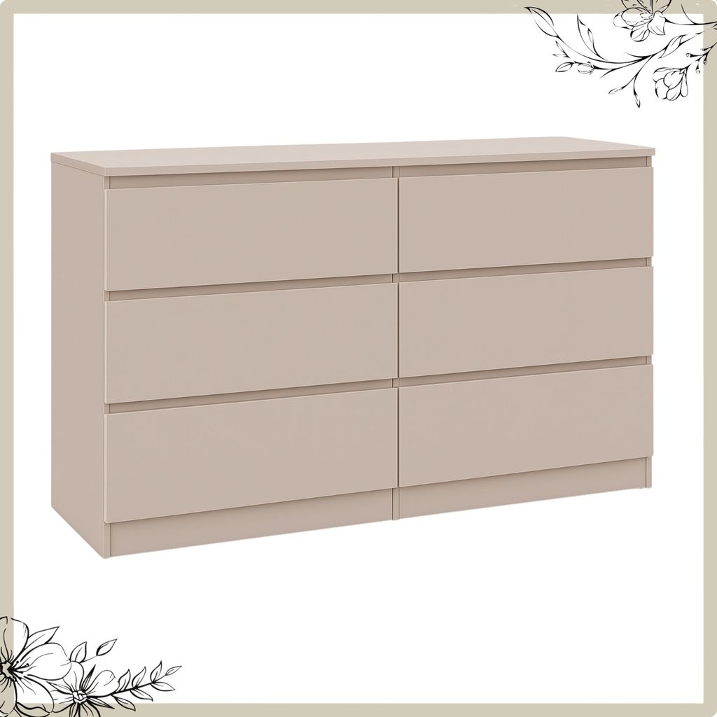 A beige dresser with six drawers is shown against a white background.