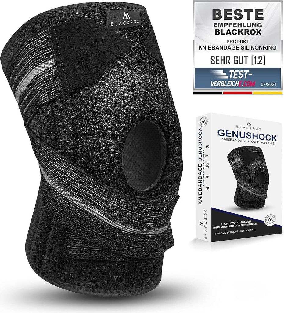 BLACKROX Kniebandage Silikonring GENUSHOCK Sport Herren Damen Fitness seitlichen Stabilisatoren Sportkniebandage Rechts & links, schwarz, One Size