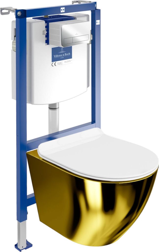 DOMINO Villeroy&Boch ViConnect H112 Vorwandelement Unterputz WC mit Bedienplatte +Wand Hänge WC Sofi Slim Gold/White Spülrandlos |Toilette Komple...