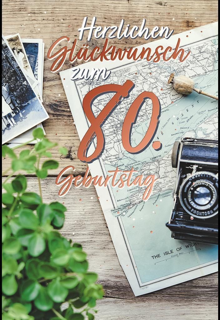 80. Geburtstag - Karte mit Umschlag - Landkarte - mit rosegoldener