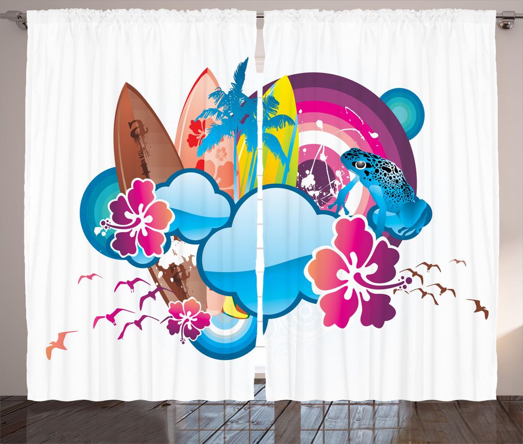 ABAKUHAUS Sommer Rustikaler Gardine, Saison Hot Strand VBEs, Schlafzimmer Kräuselband Vorhang mit Schlaufen und Haken, 280 x 245 cm, Mehrfarbig