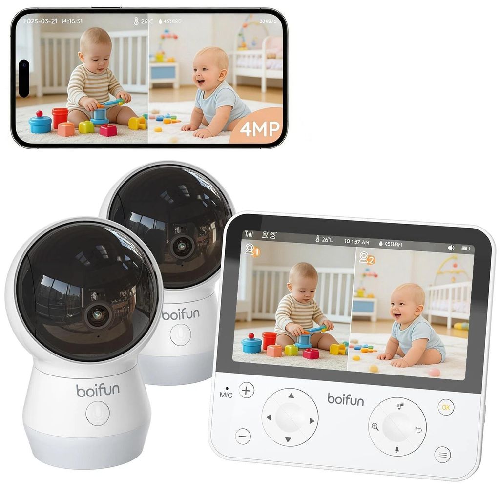 Babyphone mit 2 Kameras 4MP& 5.5-Zoll-HD-Großbildschirm Nachtsicht 360° WLAN Video Babyfon mit App 2-Wege-Audio Musik & Buntes Nachtlicht Intelli...