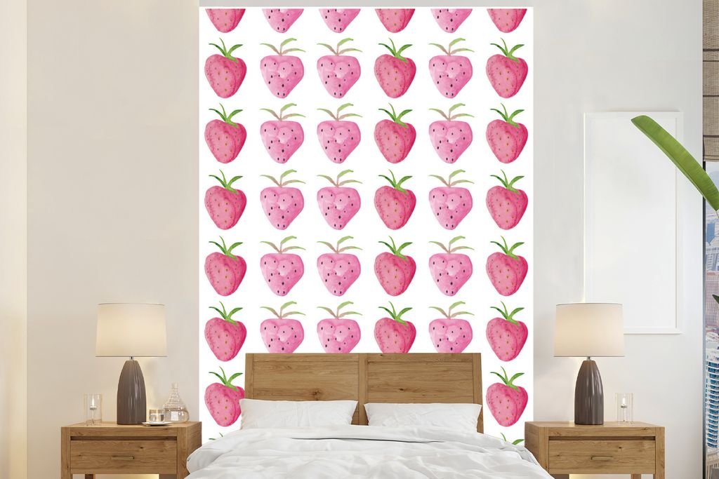 MuchoWow Fototapete für Wohnzimmer oder Schlafzimmer Wandtapete Vinyl Motivtapete Erdbeeren - Aquarell - Weiß - 180x280 cm - Wallpaper