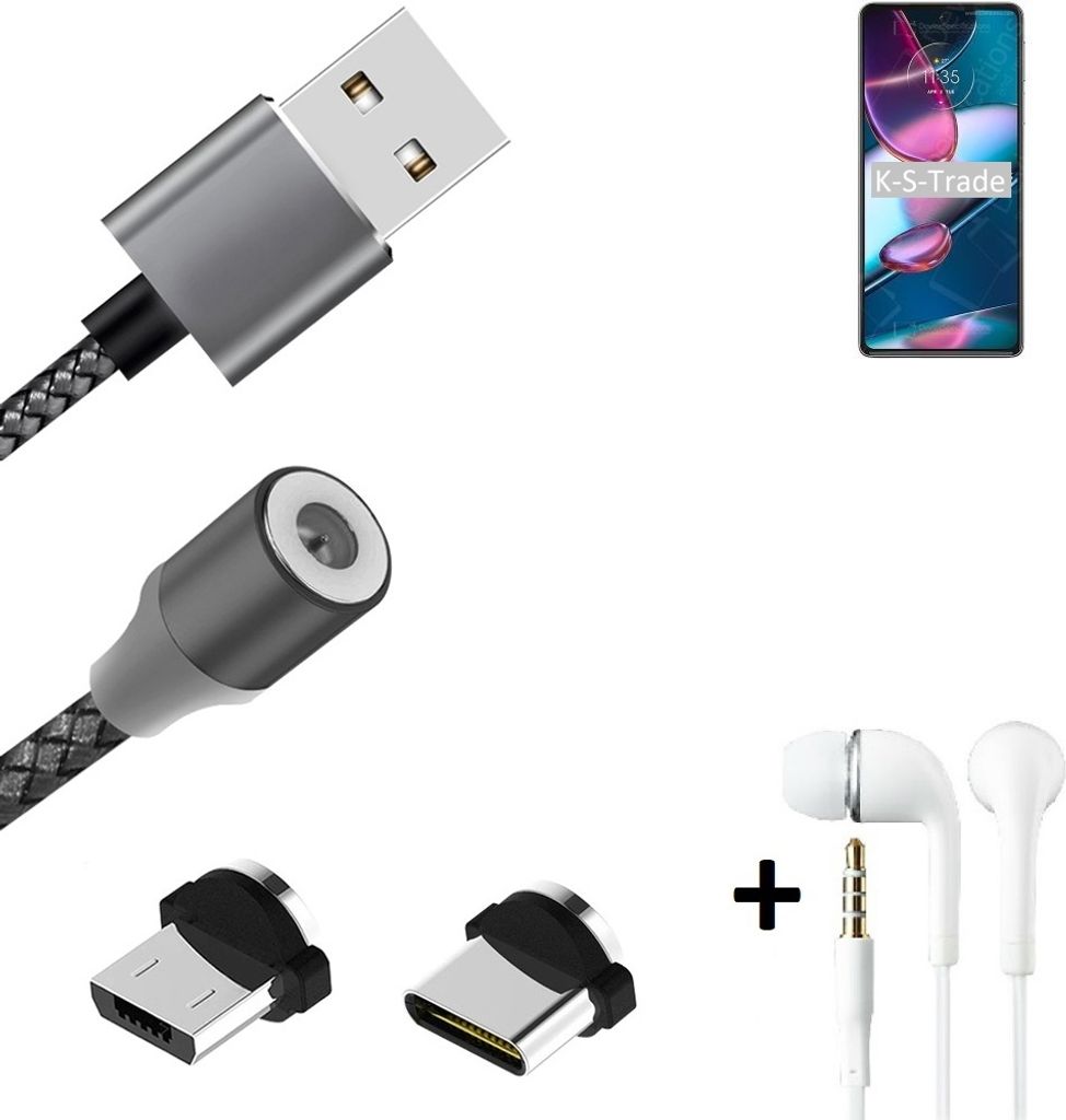 K-S-Trade Hochwertiges Magnet-Lade-kabel Sync-Kabel Daten-Kabel + Kopfhörer kompatibel mit Motorola Edge 30 Pro mit USB-Typ-C-Anschluss und