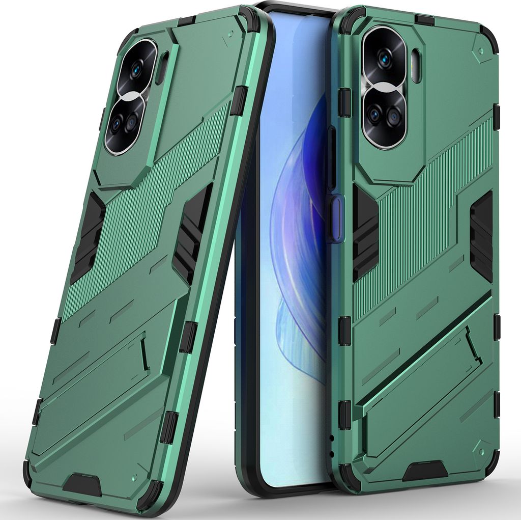 Armor Hülle für Honor 90 Lite 5G, Hybrid PC TPU Bumper Stoßfestes Schutzhülle mit Standfunktion Grün