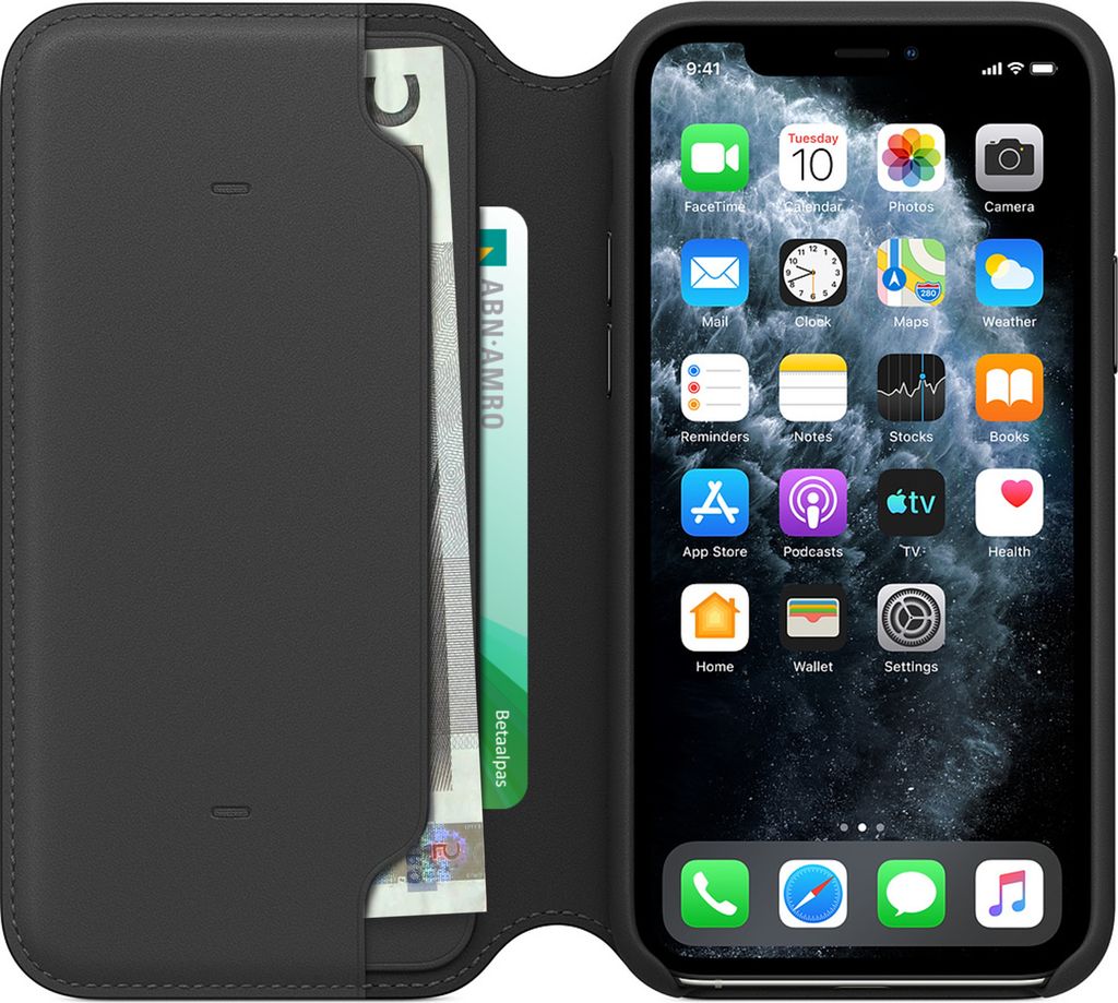 A black leather flip case for an iPhone, with the phone displaying its home screen.