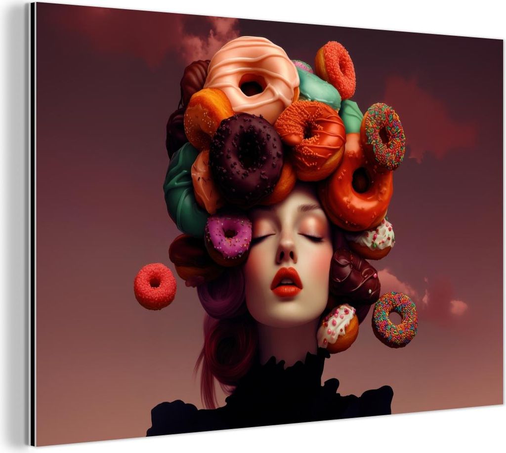 MuchoWow Wanddekoration Metall Metallbild Wandkunst 150x100 cm Frau - Donuts - Bunt MuchoWow Aluminium Gemälde - Alu Dibond Bild