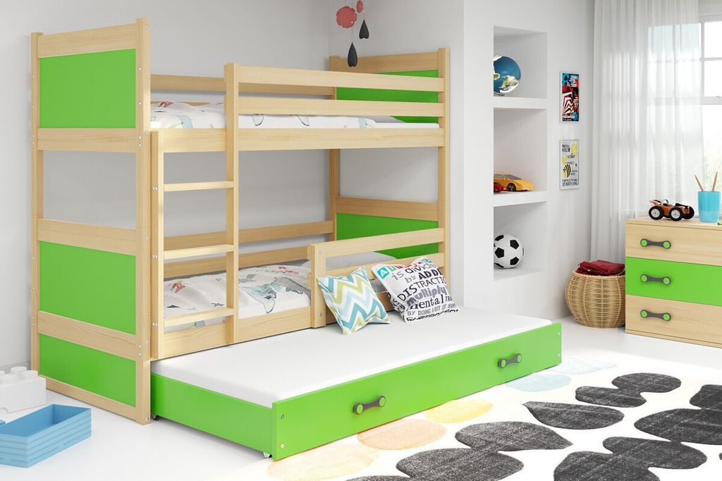 Kinderhochbett mit Zustellbett ohne Matratzen 80x160 FERGUS – Kiefer / Grün