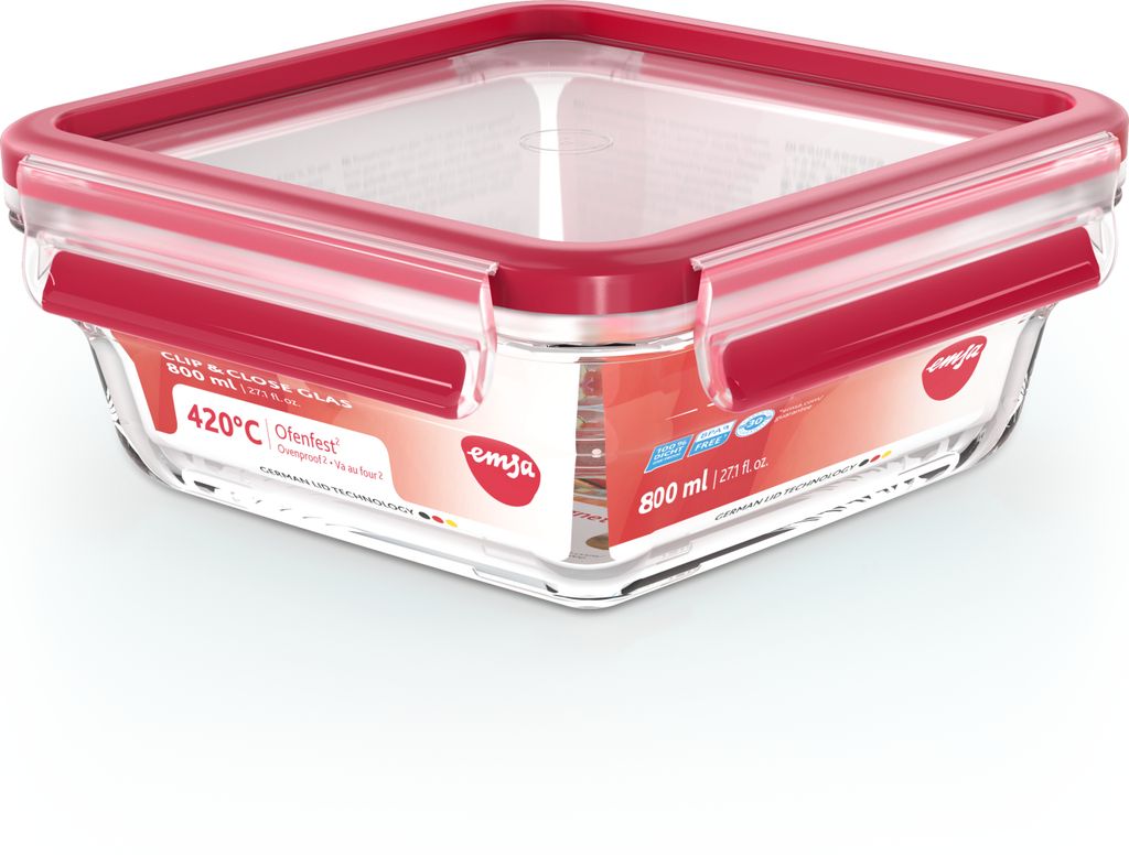 EMSA Clip&Close čtvercová skleněná dóza na potraviny 0,8 l Obrázek produktu 