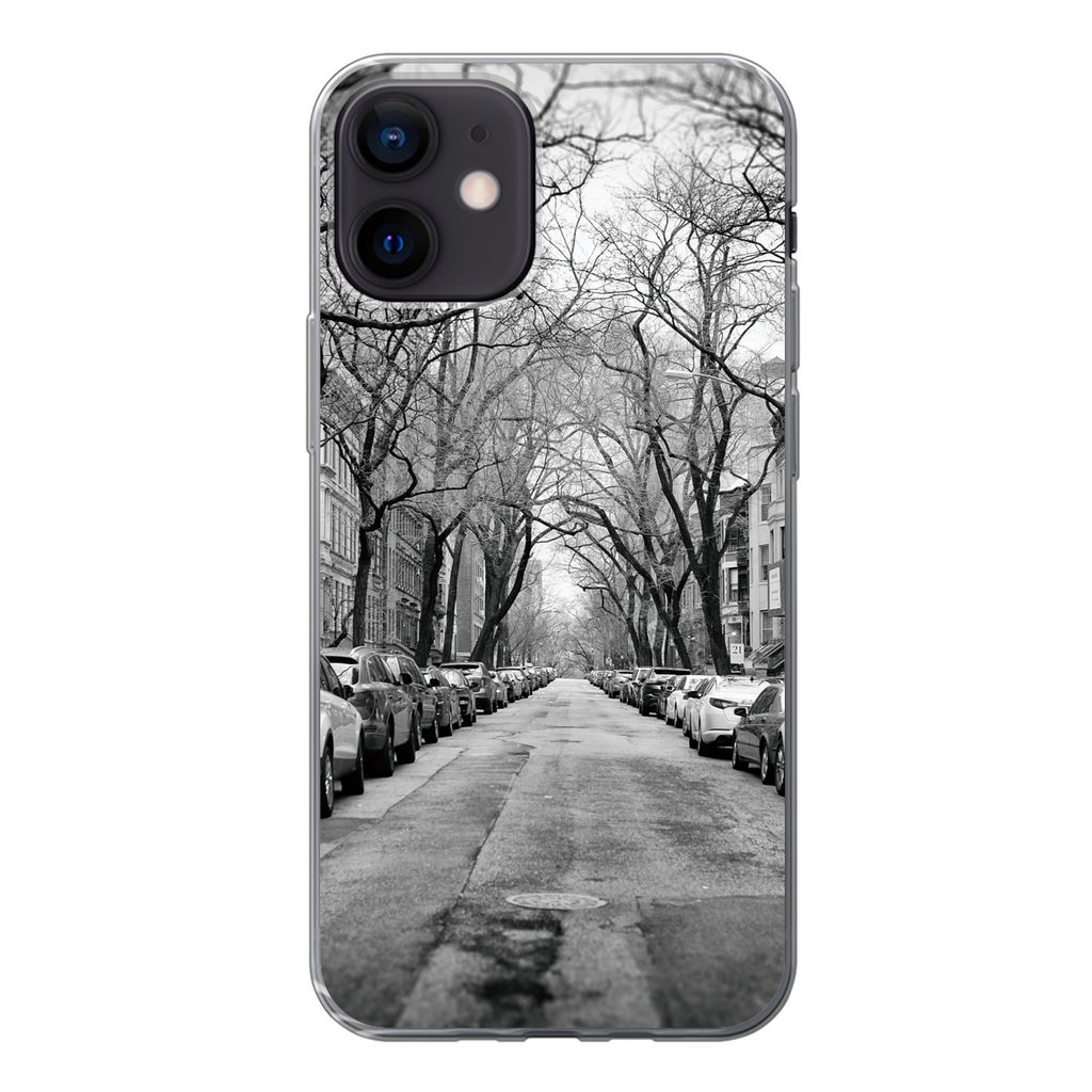 MuchoWow Handyhülle Schutzhülle Hülle für iPhone 12 Geparkte Autos in New York - schwarz und weiß Silikon Softcase Handy Hülle - Schutzhülle