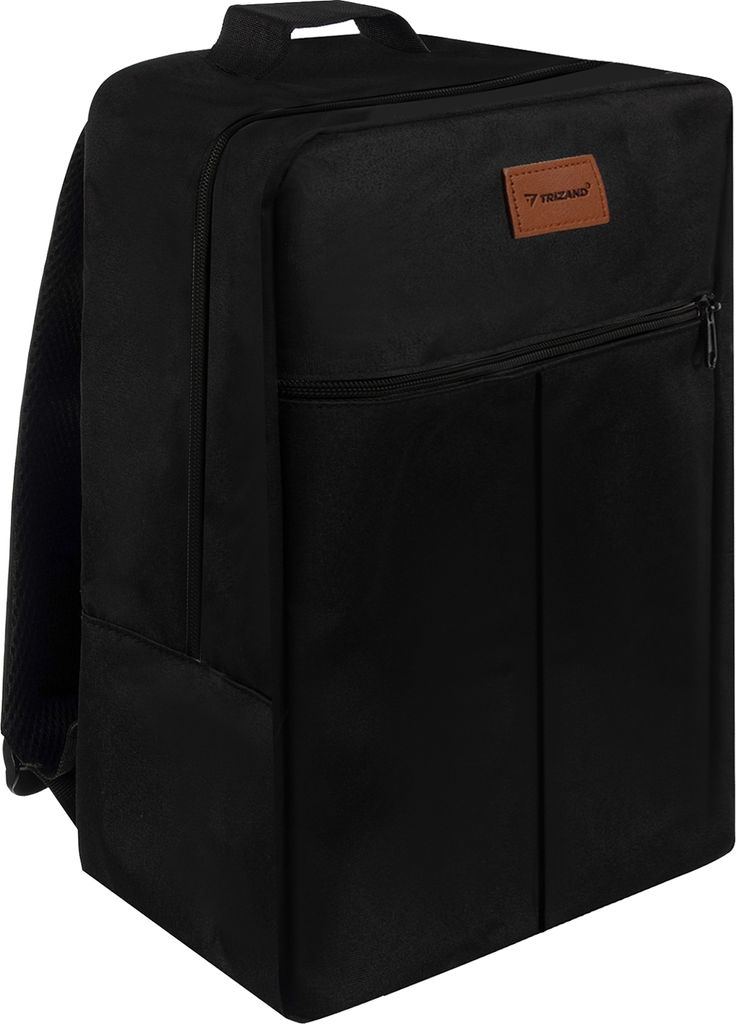 A black backpack with a brown logo patch is shown against a white background.