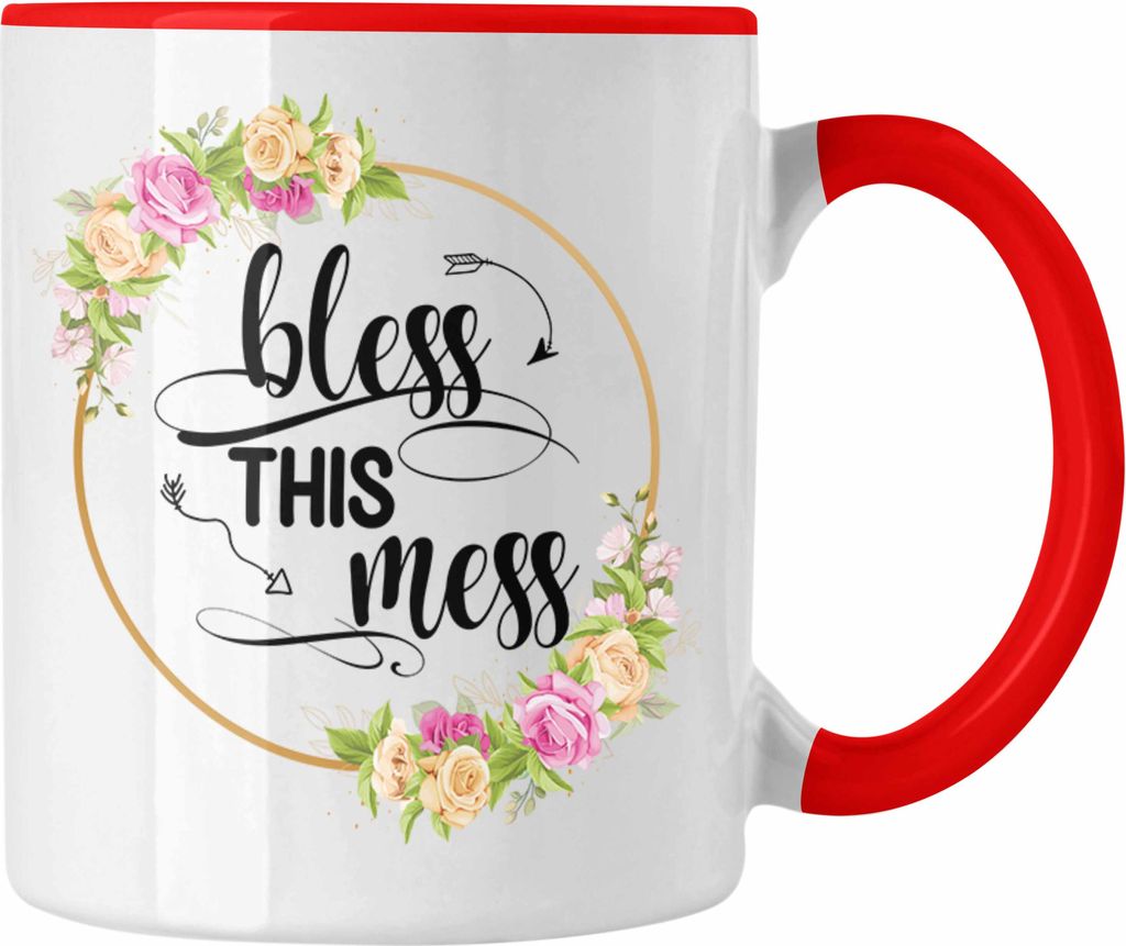 Trendation - Bless This Mess Tasse Geschenk für Mädchen Freundin Freund Kuschelig Zuhause (Rot)