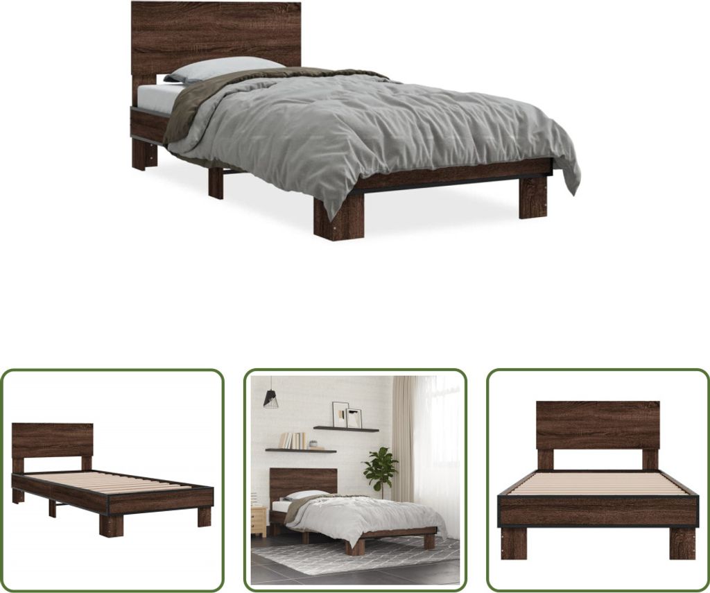 The Living Store Bettgestell Braun Eichen-Optik 90x200 cm Holzwerkstoff Metall