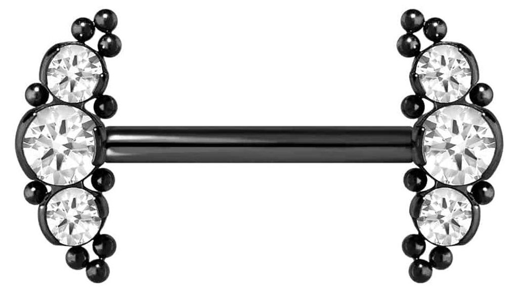 Zungenpiercing, Intim-Piercing Titan Barbell mit Push Fit 3 KRISTALLE + KUGELN Schwarz Stablänge: 14mm