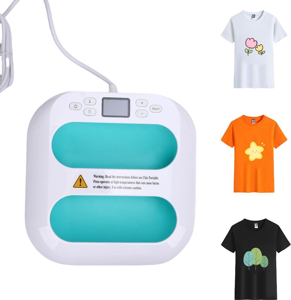 Handwärmepresse Kleine Wärmeübertragungsmaschine für T-Shirts Handtaschen Kissen Einstellbare Zeit und Temperatur EU-Stecker