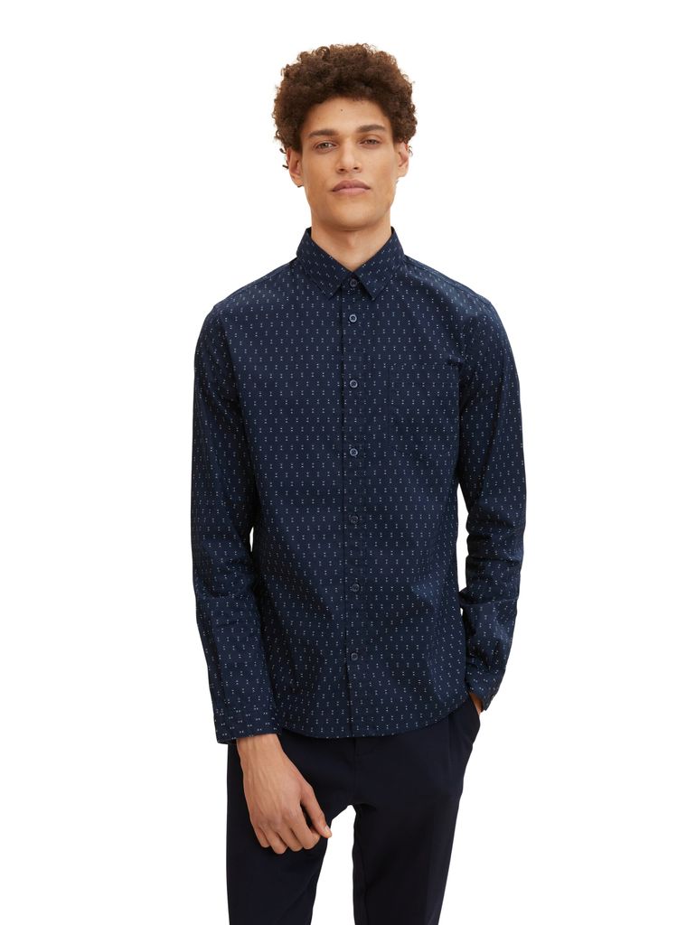 Tom Tailor Hemd Langarmhemd mit Allover-Print und Kentkragen