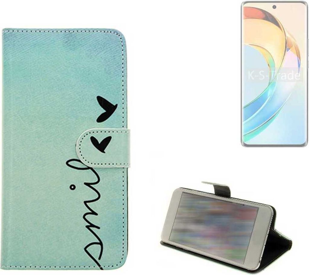 K-S-Trade Schutz Hülle Handy Hülle kompatibel mit Honor X9b Hülle Handyhülle cover bookstyle Etui Handyhülle “smile“ türkis Standfunktion