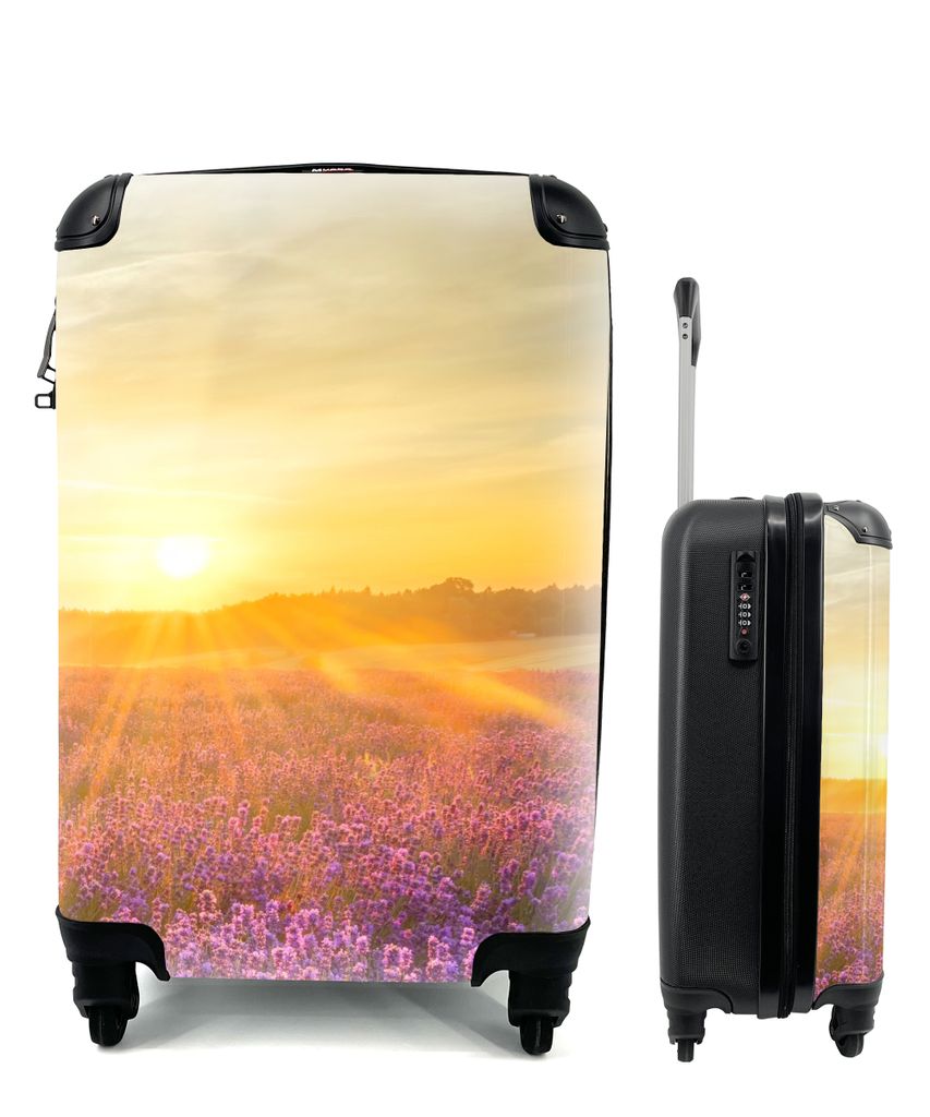 MuchoWow Koffer Handgepäck Trolley Rollkoffer Kleine Reisekoffer mit 4 Rollen - Lavendel - Sonnenuntergang - Bäume - Lila - Cabin Size < 55x40x...