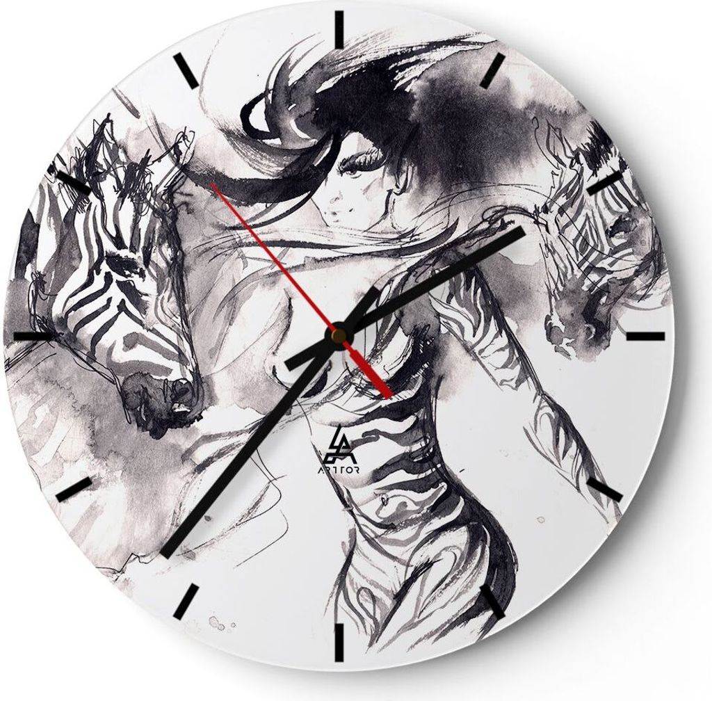 Wanduhr - Rund - Glasuhr - Zebras Bewegung Eleganz weiblich - 40x40cm - Schleichendes Uhrwerk - Lautlos - zum Aufhängen bereit - Dekoration Modern...