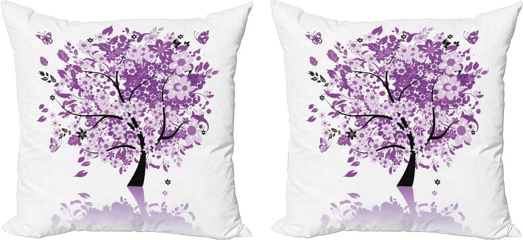 ABAKUHAUS Natur Kissenbezug Set (2Stück), Frühlings Baum des Lebens Blüten Blumen Romantische Schmetterlinge Silhouetten, 45 x 45 cm, Lila Lila
