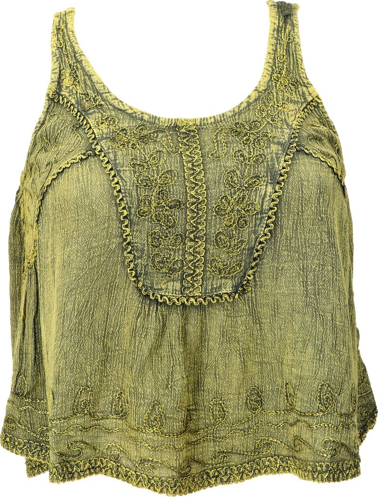 Besticktes Top Boho Chic, Kurzes Lockeres Sommertop - Lemongrün, Damen, Viskose, Tops & T-Shirts