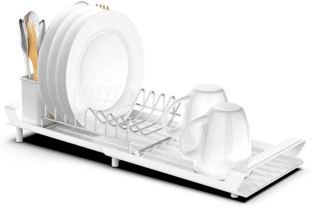 Unyqoos Anpassbares Abtropfgestell für die Küche mit Edelstahl-Elementen, ausziehbar, 28-47 cm, weiß