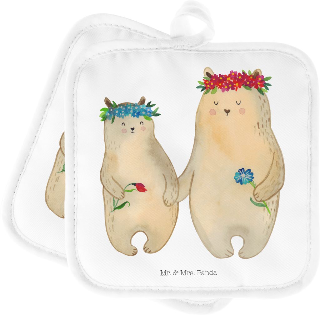 Mr. & Mrs. Panda Topfuntersetzer Bären mit Blumenkranz - Weiß - Geschenk, Topflappen Set, Familie, topfhalter, Family, Kochlappen, Doppel, Kinder...