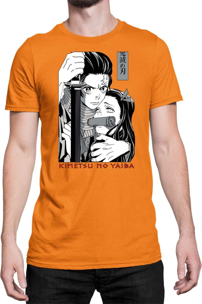 Herren T-Shirt Demon Anime Slayer Kimetsu No Yaiba Tanjiro Nezuko Kamado 003, Man XL / Orange