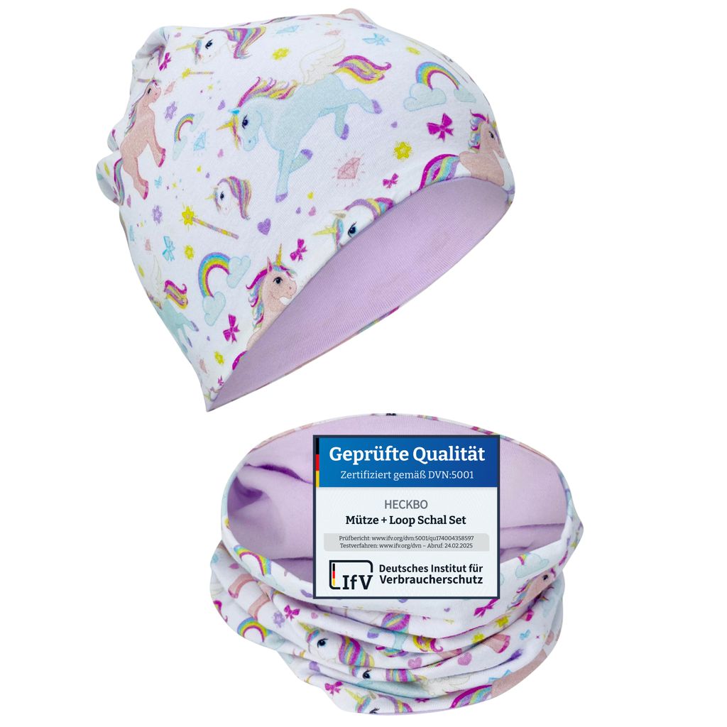HECKBO Kinder Mädchen Beanie Mütze & Loop-Schal Set - für Frühling, Sommer, Herbst & Winter - Wendemütze Einhorn - 2 bis 8 Jahren - 95% Baumwo...