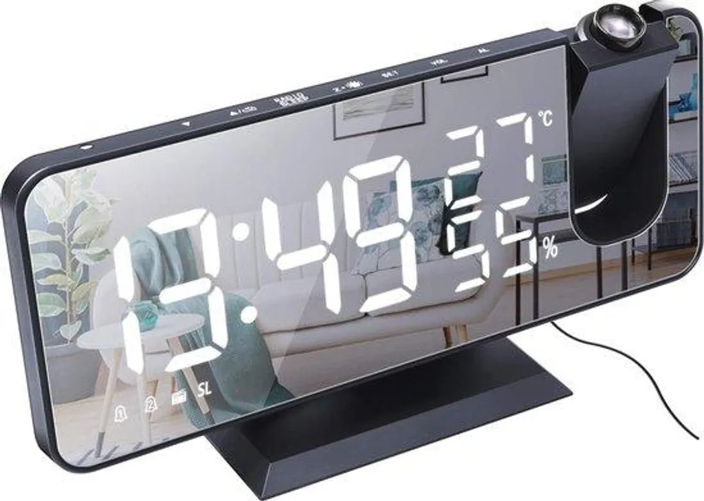 Réveil Projecteur Orientable avec Chargeur USB, Radio FM et Grand Écran Miroir